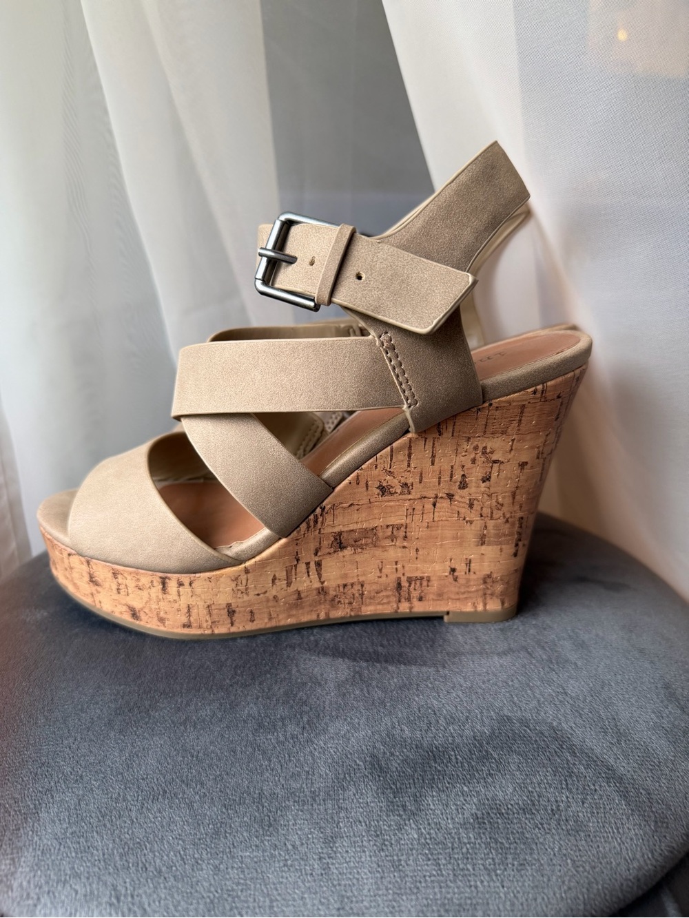 Indigo Tan Cork Wedge Sandals with Buckle Ankle Strap